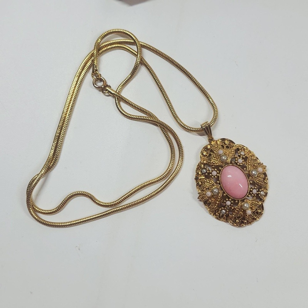 Vintage Avon Pink Cabochon Faux Pearl Pendant Necklace Gold Tone 30" Granny Core - Picture 6 of 8